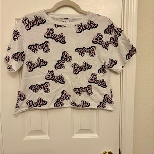 Barbie Logo Print Crop Top White Pink Graphic Tee Streetwear Y2K Medium